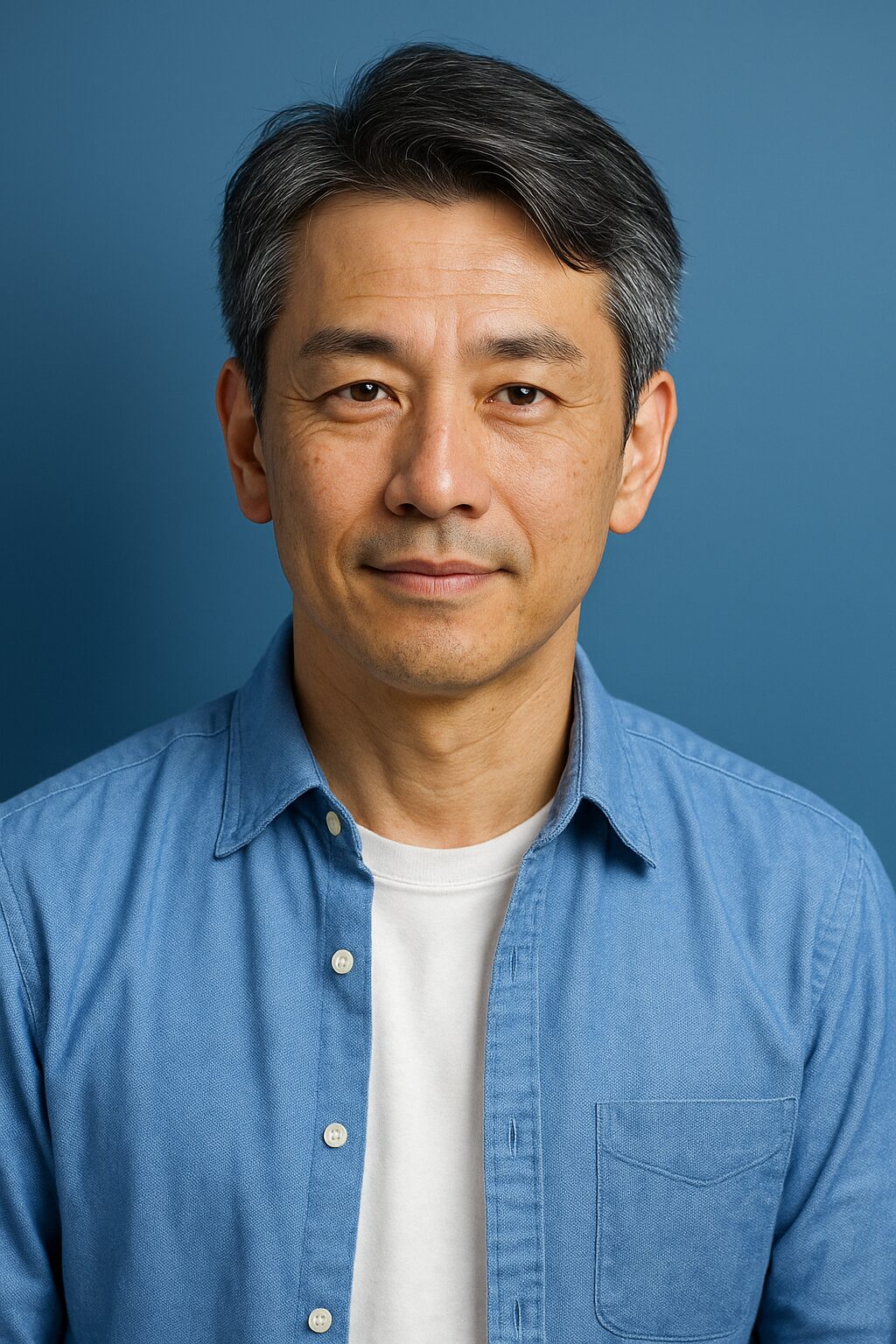 40代・50代日本人男性が清潔感のある雰囲気で写っているイメージ（青基調背景・半リアル）