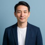 青基調の背景で、清潔感のある40〜50代の日本人男性が微笑んでいる半リアルなポートレート。