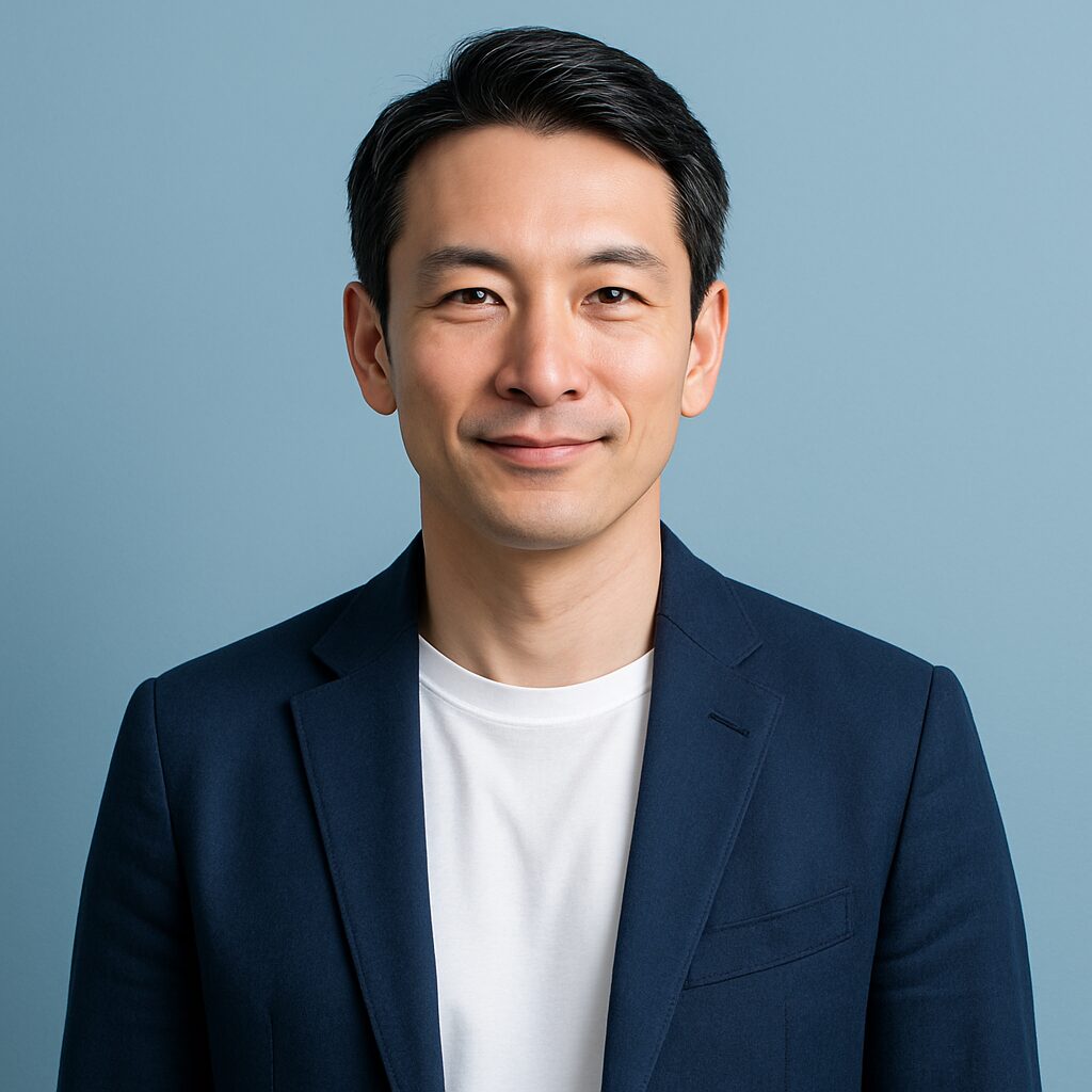 青基調の背景で、清潔感のある40〜50代の日本人男性が微笑んでいる半リアルなポートレート。