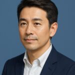 清潔感のある40〜50代日本人男性の半リアルイラスト。青基調の背景で爽やかに整った髪型と穏やかな表情を持つ男性。