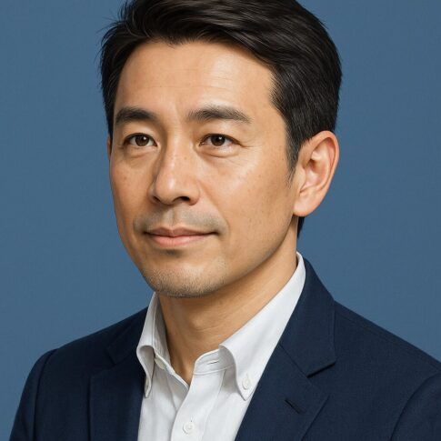 清潔感のある40〜50代日本人男性の半リアルイラスト。青基調の背景で爽やかに整った髪型と穏やかな表情を持つ男性。