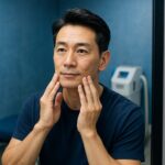 鏡の前でヒゲ脱毛後の肌を確認する清潔感のある40〜50代日本人男性（青基調のサロン背景）