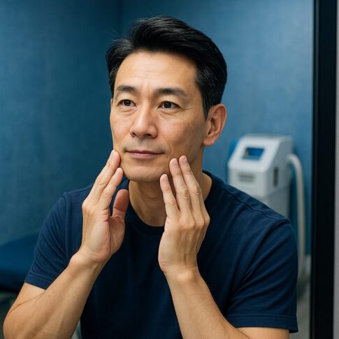 鏡の前でヒゲ脱毛後の肌を確認する清潔感のある40〜50代日本人男性(青基調のサロン背景)