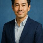 青い背景で微笑む清潔感のある40〜50代日本人男性の半リアルイラスト