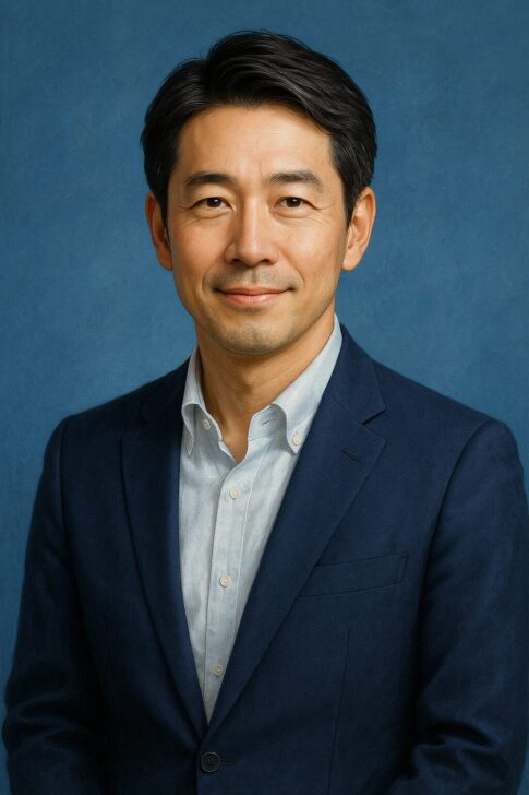 青い背景で微笑む清潔感のある40〜50代日本人男性の半リアルイラスト