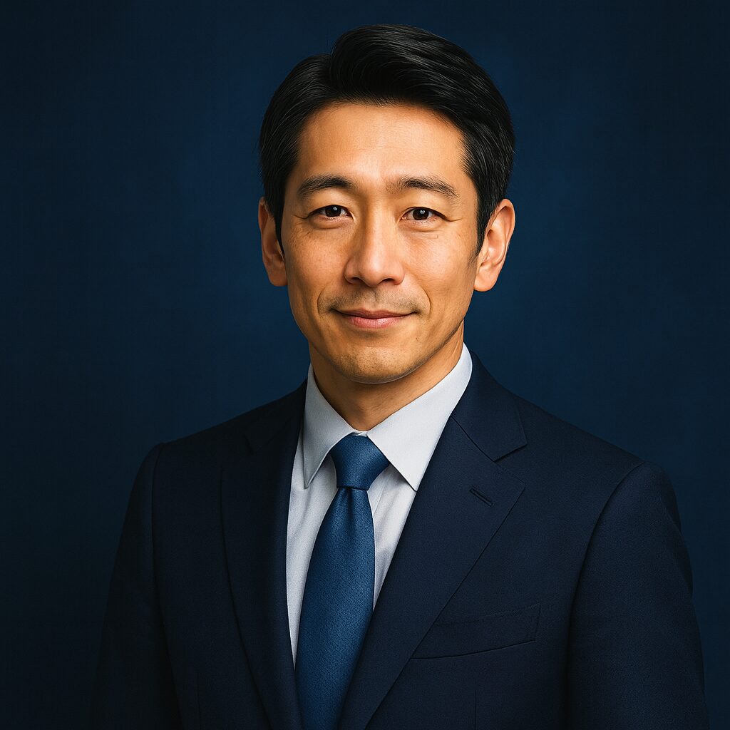 マリッシュ（marrish）の口コミ・評判を解説するための、清潔感のある40〜50代日本人男性の青基調・半リアルイラスト