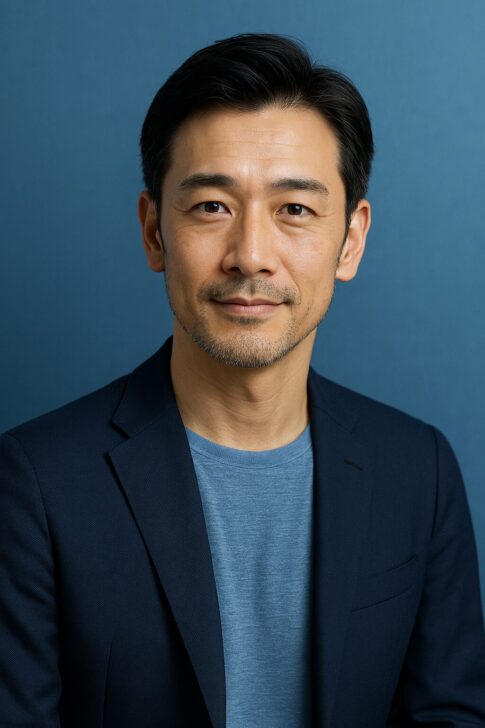 清潔感のある40〜50代日本人男性が青基調の背景で微笑む半リアルイラスト。婚活で第一印象を上げるスキンケアをイメージしたアイキャッチ画像。