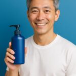 青い背景で、清潔感のある40〜50代の日本人男性が笑顔でシャンプーを手に持ち、爽やかに微笑む半リアルなイメージ