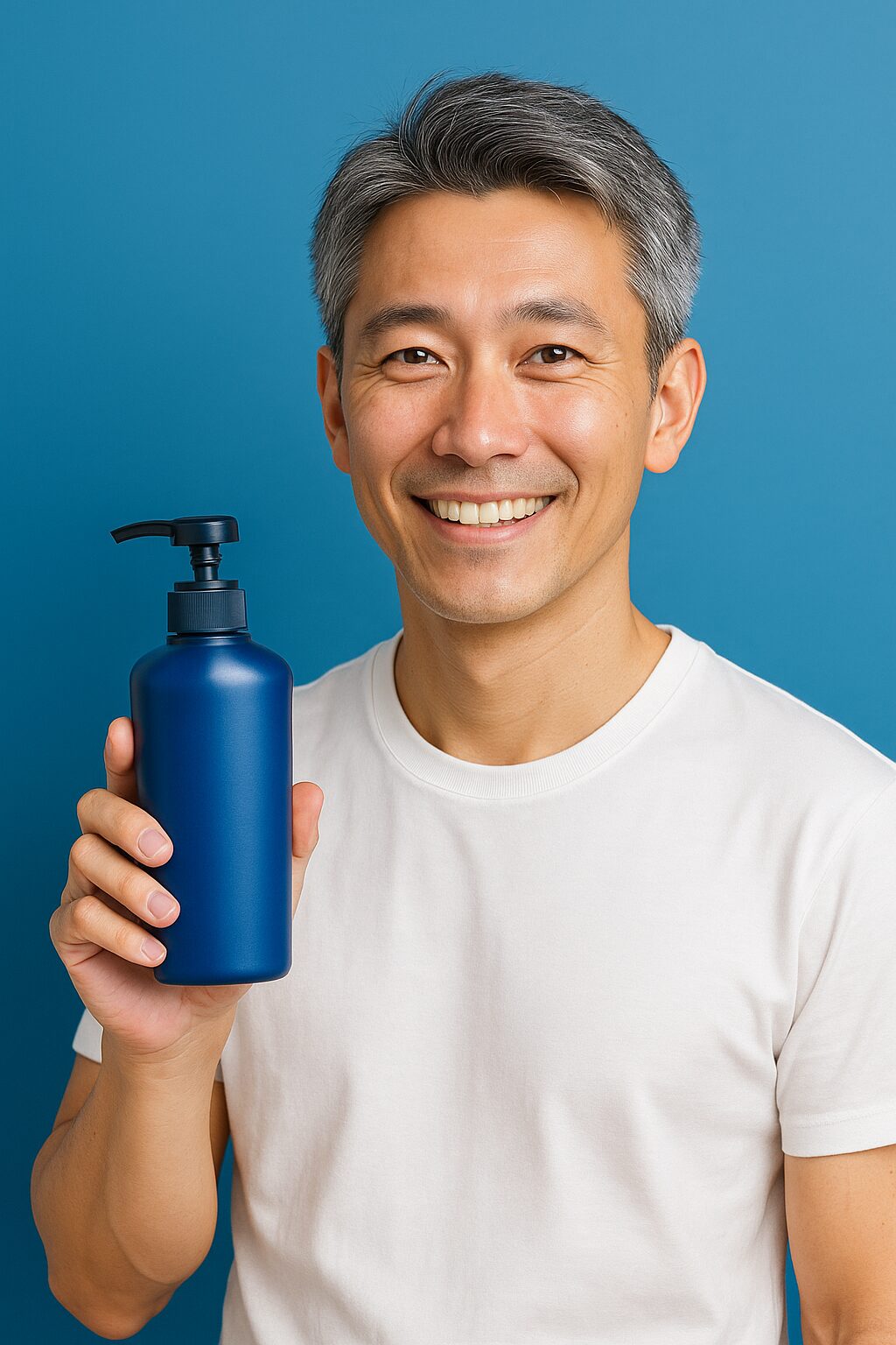 青い背景で、清潔感のある40〜50代の日本人男性が笑顔でシャンプーを手に持ち、爽やかに微笑む半リアルなイメージ