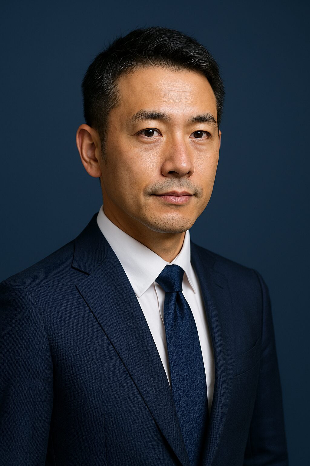 青を基調にした背景で、清潔感のある40〜50代の日本人男性がスーツ姿で微笑む半リアルイラスト