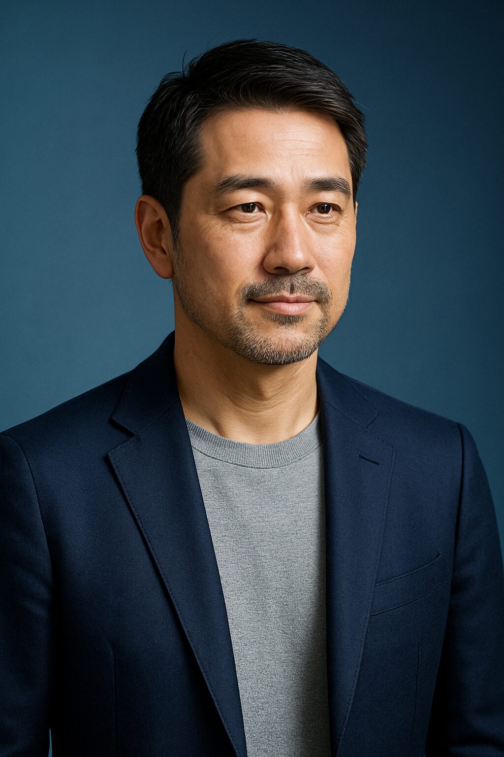 清潔感のある40〜50代日本人男性が青基調の背景で落ち着いた表情を見せる半リアルイラスト