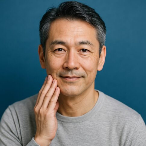 冬のエイジングケアを意識した清潔感のある40〜50代日本人男性の青基調・半リアルイラスト