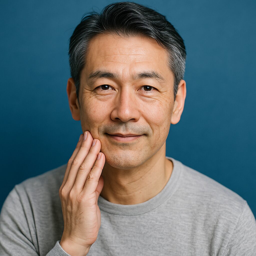 冬のエイジングケアを意識した清潔感のある40〜50代日本人男性の青基調・半リアルイラスト