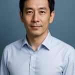 青基調の背景に立つ清潔感のある40〜50代日本人男性の半リアルイラスト。冬の加齢臭・体臭対策をイメージしたアイキャッチ画像。