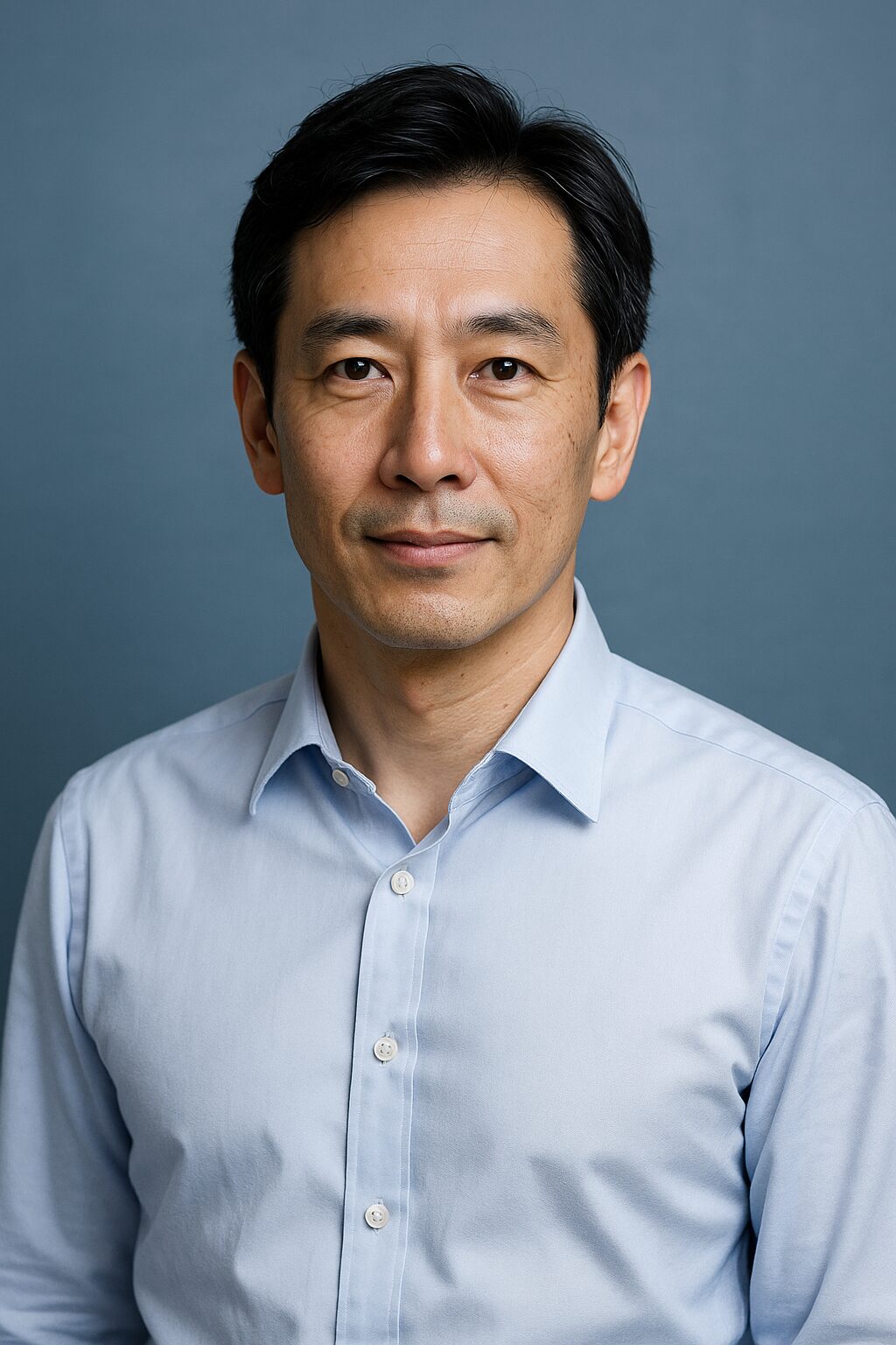 青基調の背景に立つ清潔感のある40〜50代日本人男性の半リアルイラスト。冬の加齢臭・体臭対策をイメージしたアイキャッチ画像。