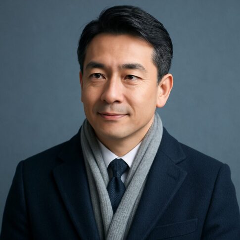 青基調の背景で微笑む清潔感のある40〜50代日本人男性の半リアルイラスト。冬の身だしなみ・清潔感をイメージしたアイキャッチ画像。