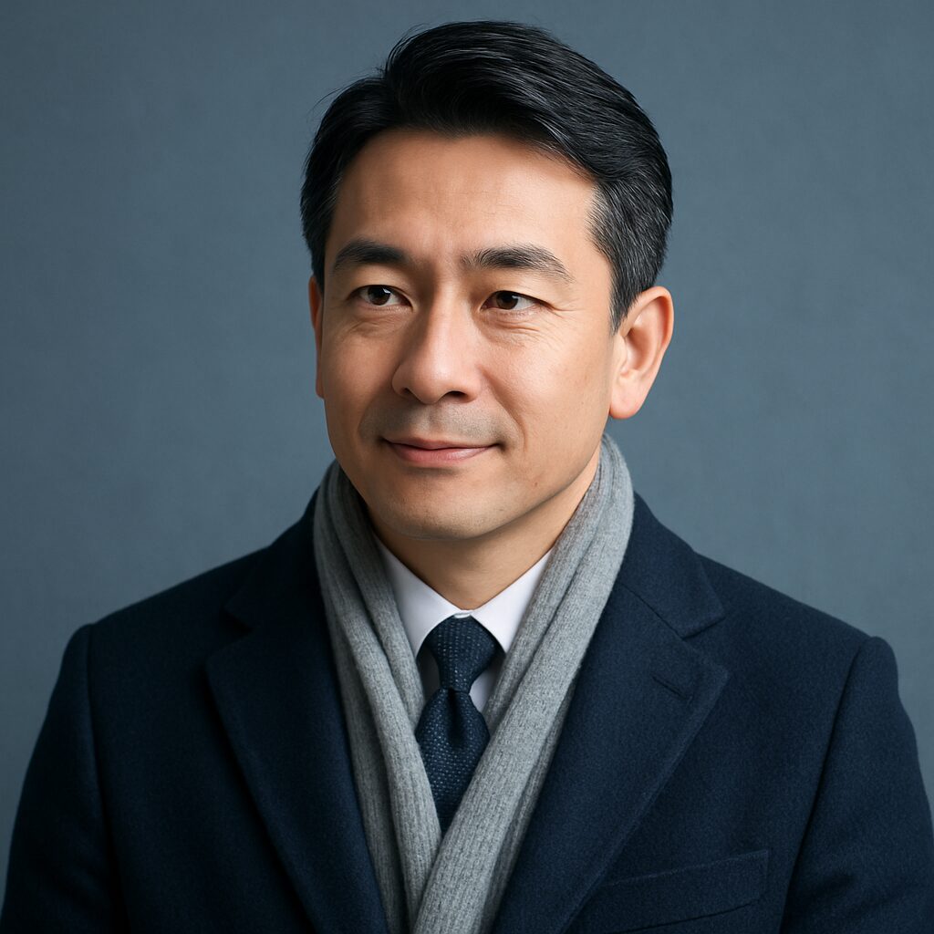 青基調の背景で微笑む清潔感のある40〜50代日本人男性の半リアルイラスト。冬の身だしなみ・清潔感をイメージしたアイキャッチ画像。