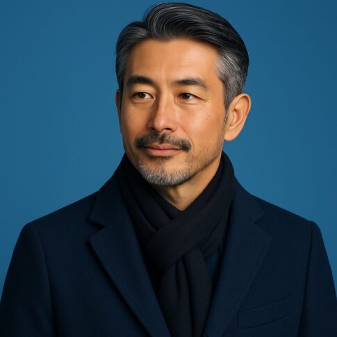 冬の婚活で好印象を与える、清潔感のある40〜50代日本人男性の上半身ポートレート。ネイビーのコートと黒マフラーを身に着けた落ち着いた印象のスタイル。