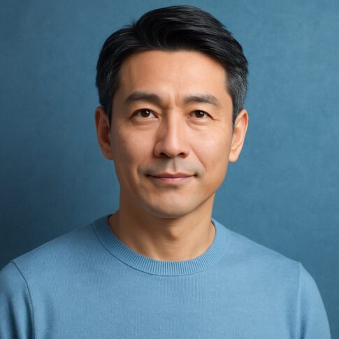 青基調の背景で、清潔感のある40〜50代日本人男性が穏やかに微笑む半リアルイラスト。冬の婚活やスキンケアをイメージした上品な印象。