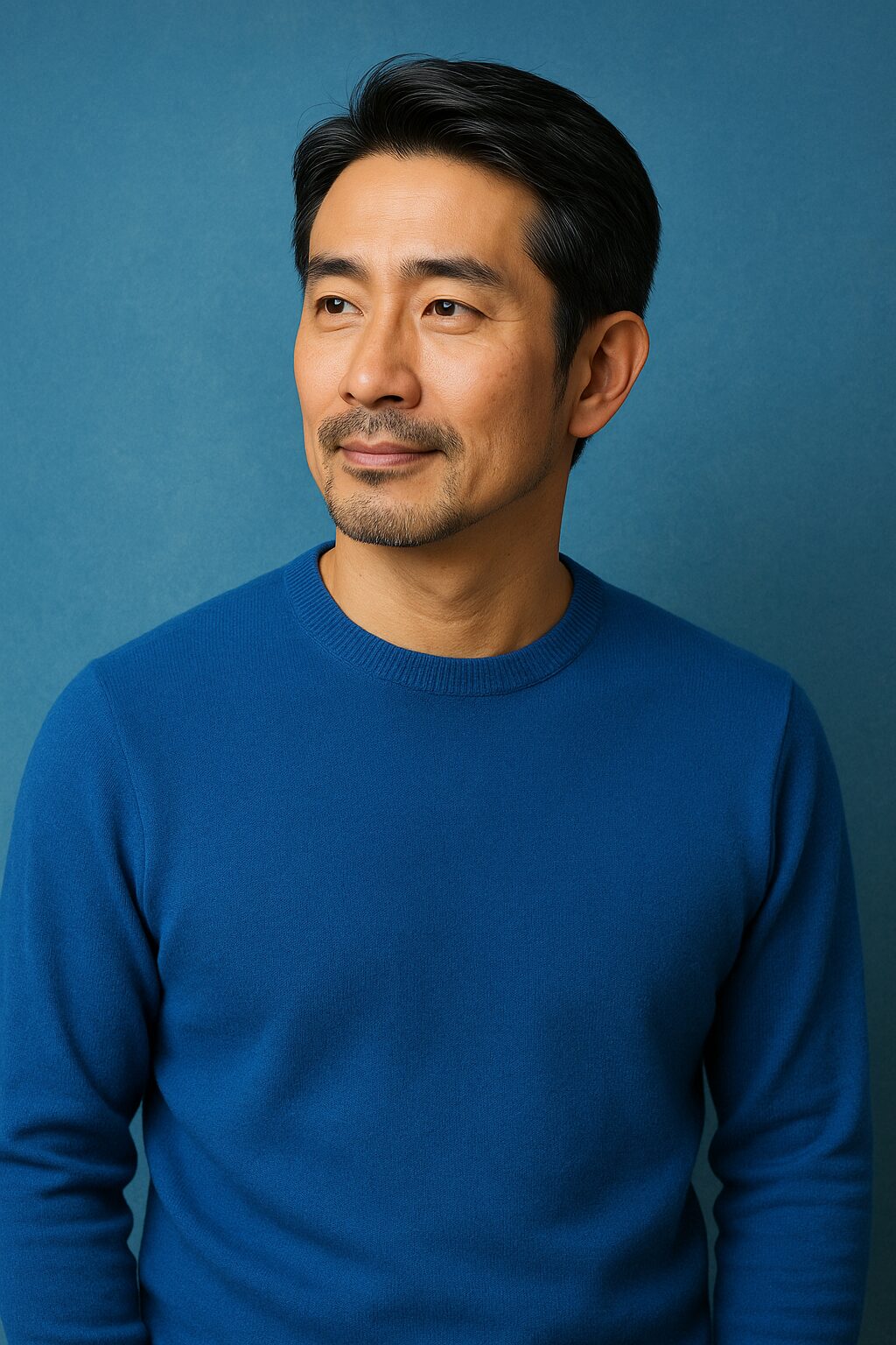 青基調の背景で清潔感のある40〜50代日本人男性が微笑む半リアル風ポートレート