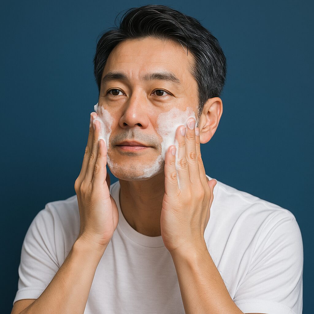 冬のスキンケアをする清潔感のある40〜50代の日本人男性。青基調の背景で顔に泡洗顔をのせてケアしている様子。