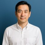 青基調の背景に清潔感のある40〜50代の日本人男性が穏やかに微笑んでいる半リアルイラスト