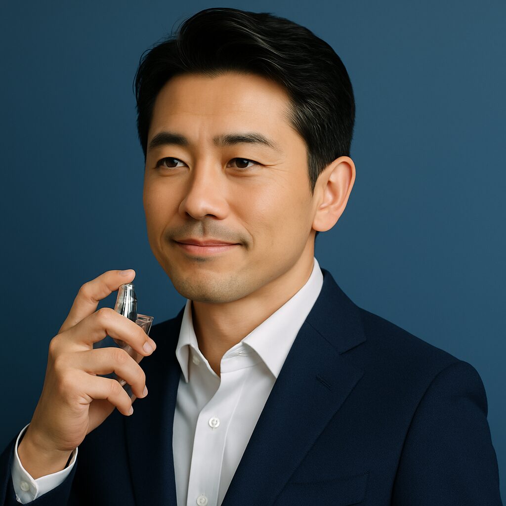 清潔感のある40〜50代日本人男性が青基調の背景で香水を軽くつけている半リアルイラスト