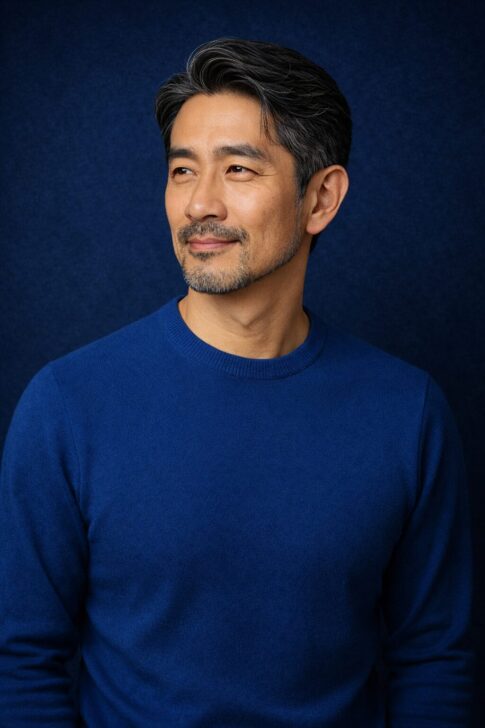 清潔感のある40代・50代日本人男性のイケオジ風ポートレート（ブルー背景）