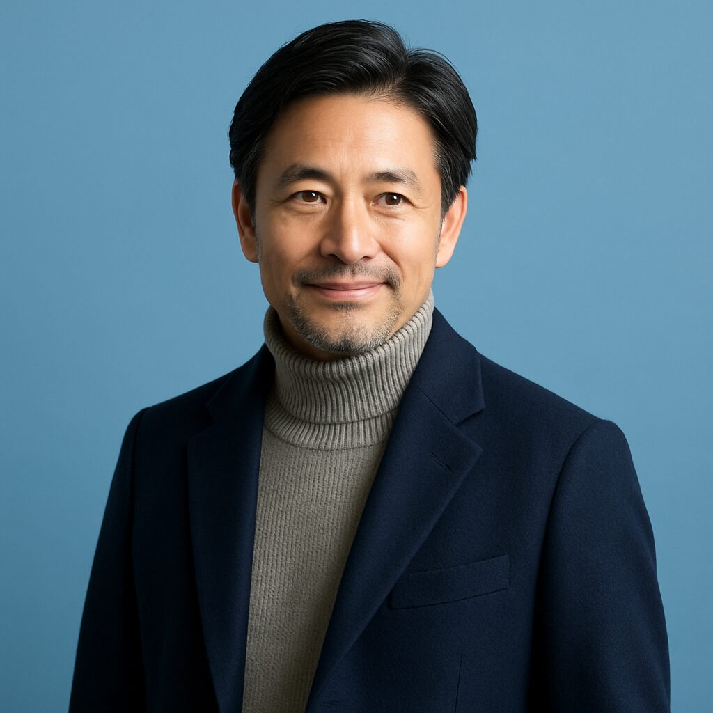 清潔感のある40〜50代日本人男性が青基調の背景で微笑む冬コーデのアイキャッチ画像