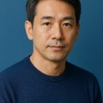 清潔感のある40〜50代日本人男性が青基調の背景で落ち着いた表情を見せるポートレート写真。年齢に合わせた自然なヘアスタイルと上品な雰囲気が伝わるイメージ。