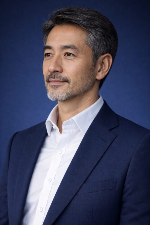 清潔感のある短く整えた髭の40代・50代日本人男性を深い青背景で表現したアイキャッチ画像