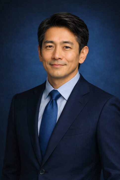 清潔感のある40代日本人男性のポートレート（青基調の背景）